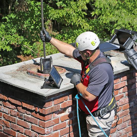 Chimney technician performing a rooftop inspection of a residential chimney