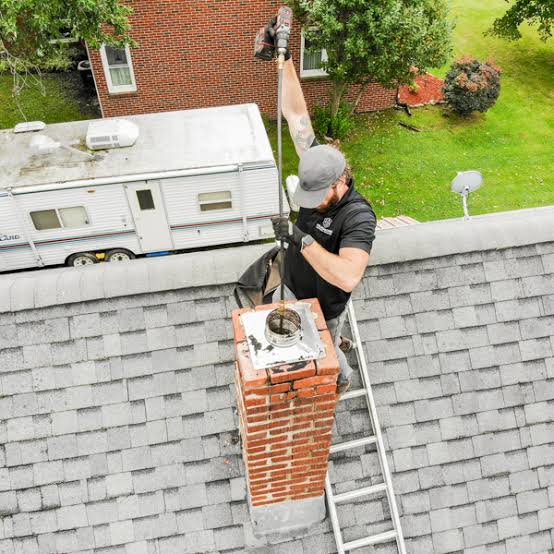 Technician performing a rooftop inspection of a residential brick chimney