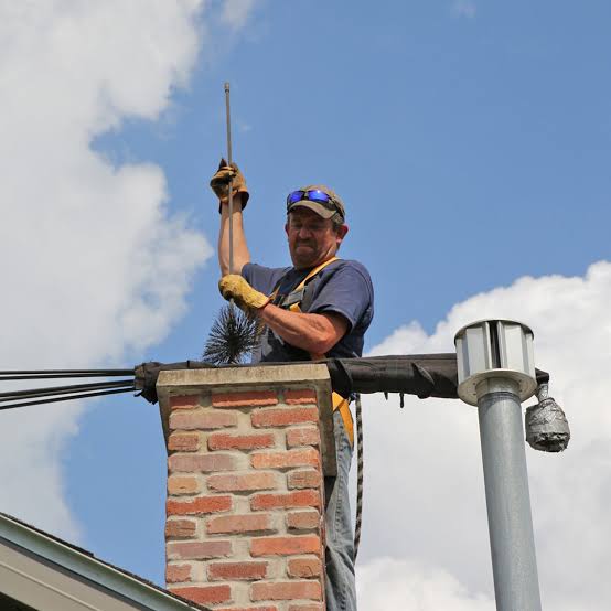 Chimney technician working at the top of a brick chimney